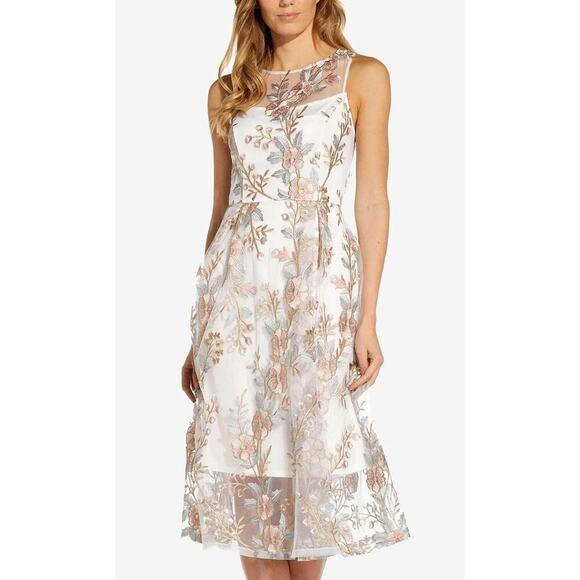 Adrianna Papell Floral Embroidery Flared Dress Pink Multi Size 12 NWT - Picture 3 of 11